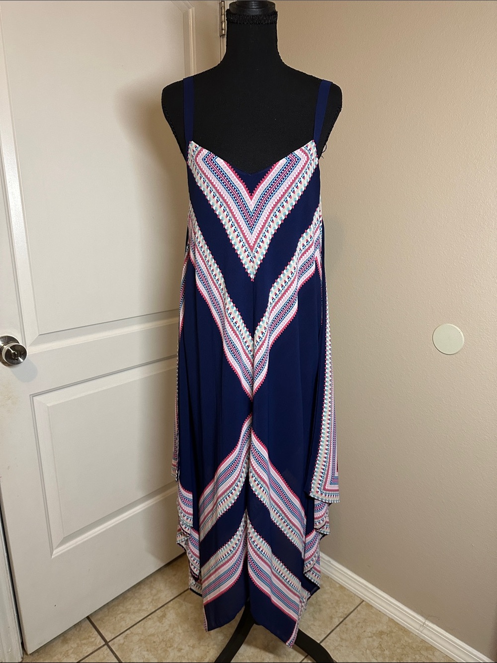 Luxology Navy Chevron Handkerchief Hem Dress with Pink & White Accents